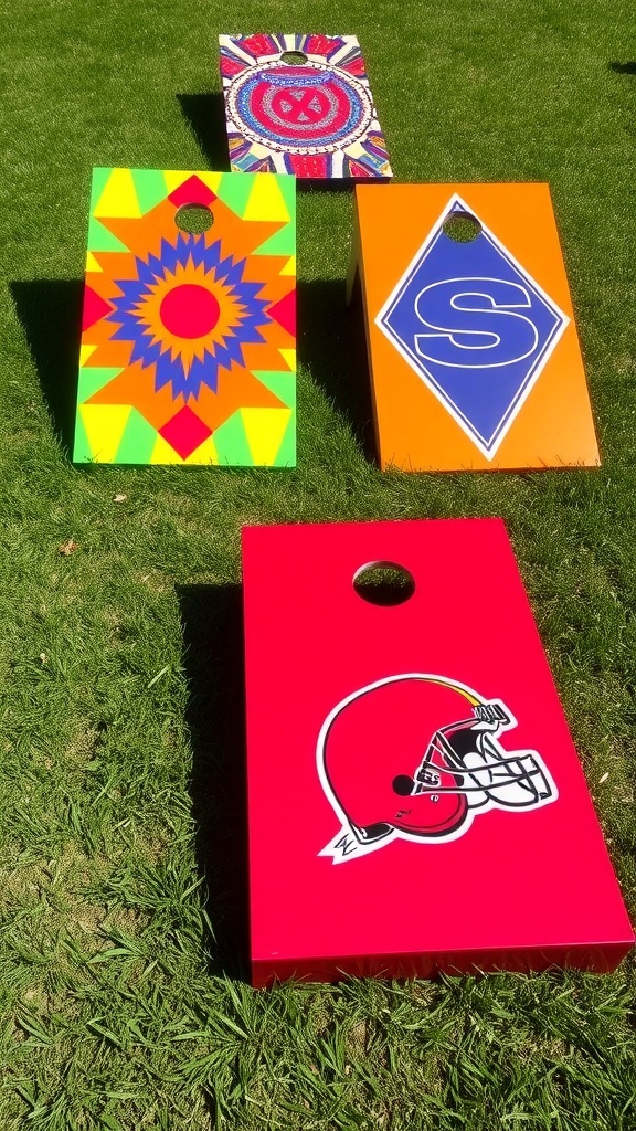 Colorful cornhole boards with geometric patterns and sports team logos on a grassy field.